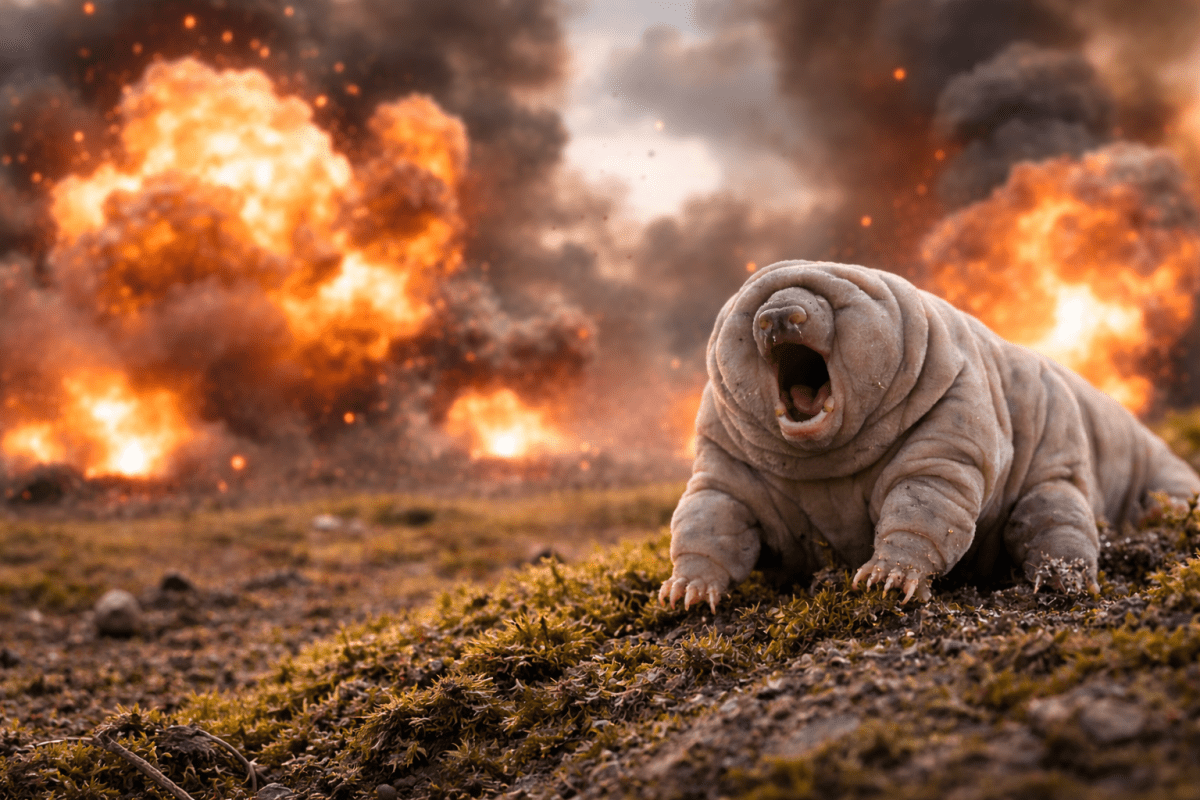A tardigrade yawns in front of a distant explosion.